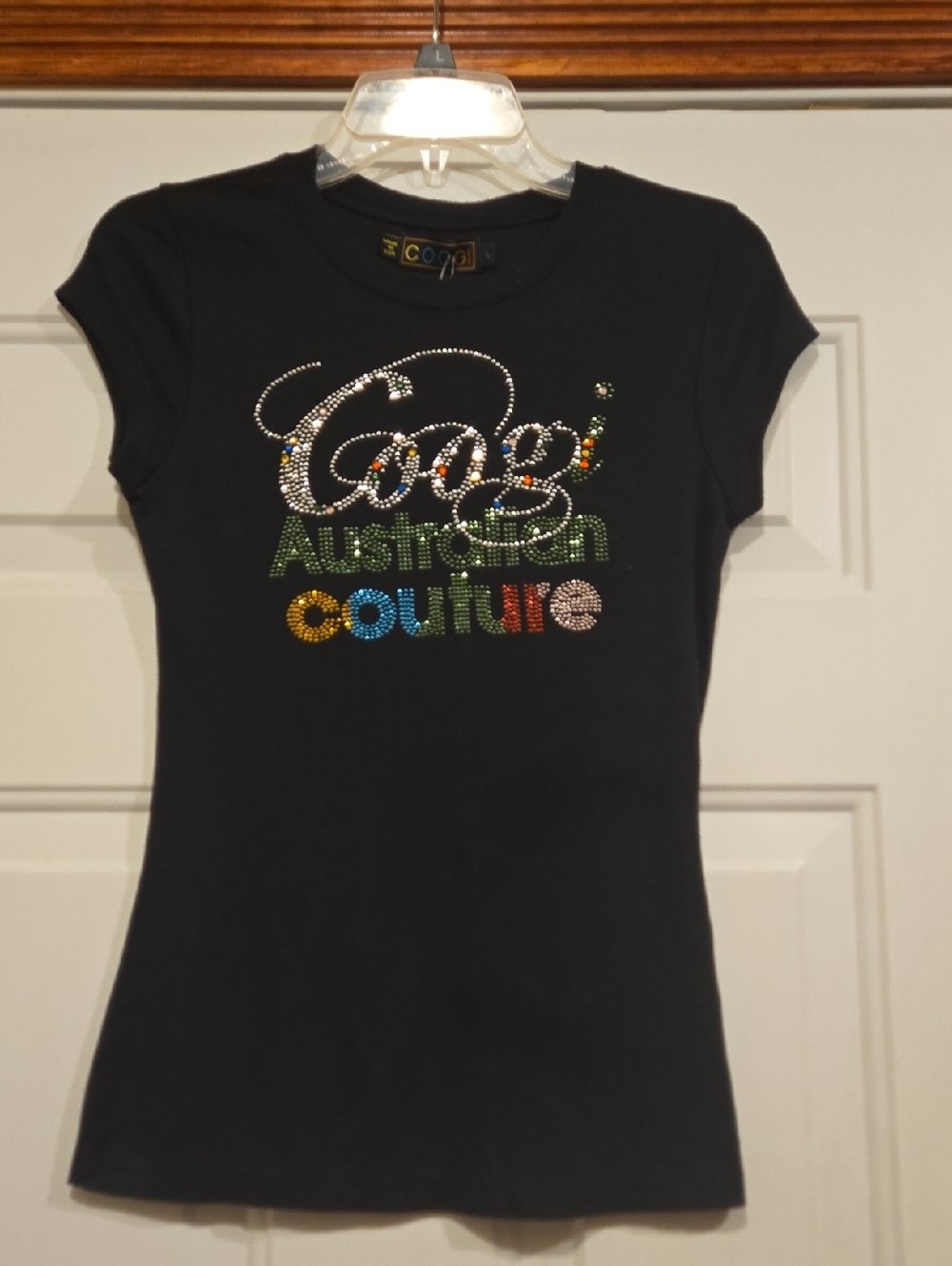 Coogi Austrailian Couture Vintage 90's Babydoll Ribbed Rhinestone Tee Black Lg